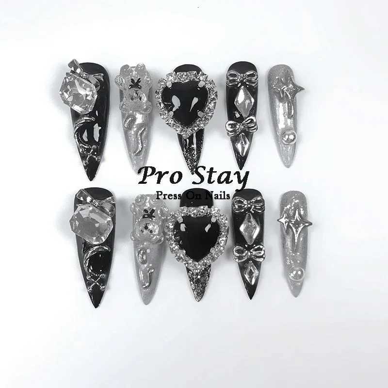 10pcs black Handmade Press On Nails With Purple Large Diamonds and Metal Decoration Y2k Hot Girls Wearable Artificial False NailT251118T251119