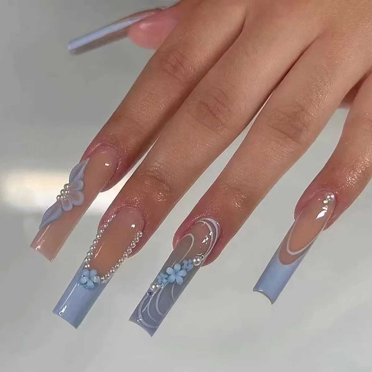 24 Piece Long Coffin Blue Frenchflower Pattern Fake Nails ABS Full Cover Glossy Fake Nails Summer CollectionT251118T251119