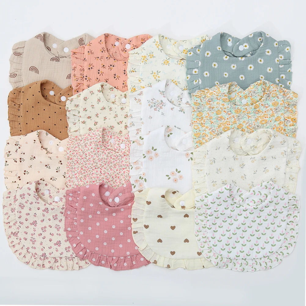 Floral print baby bib adjustable snap Saliva towel ruffled plain cotton uncle clothing rainbow Alevel girl feeding scarf 250414z