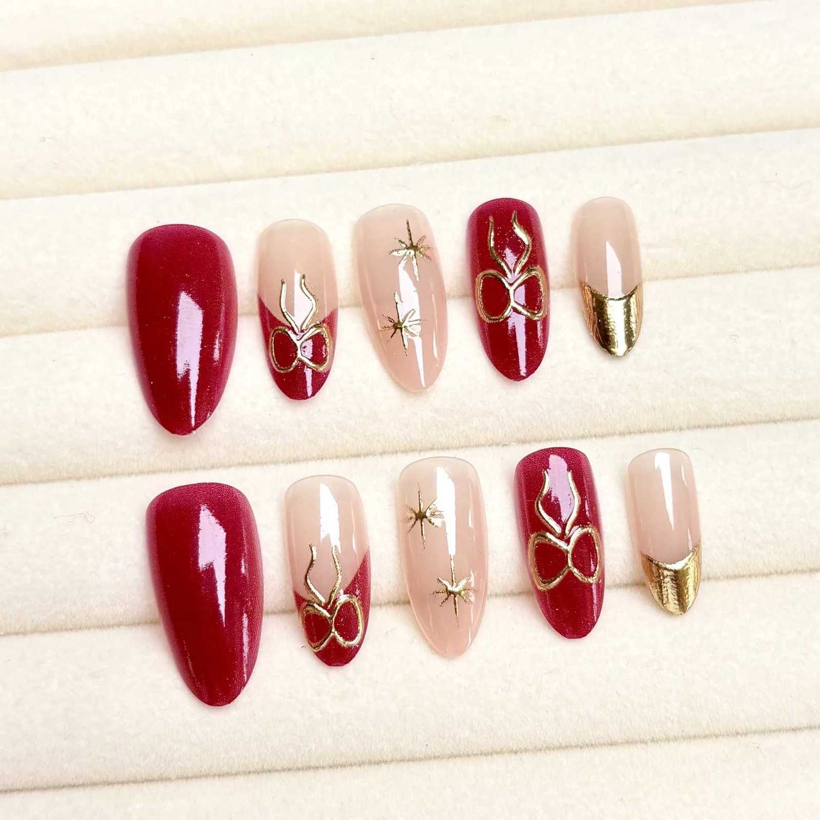 24pcs Cats Eye False Nail Finished Shiny Powder Pearl Design Nails Sets Press on Fashion Flower French Long Almond Fake NailsT251118T251119