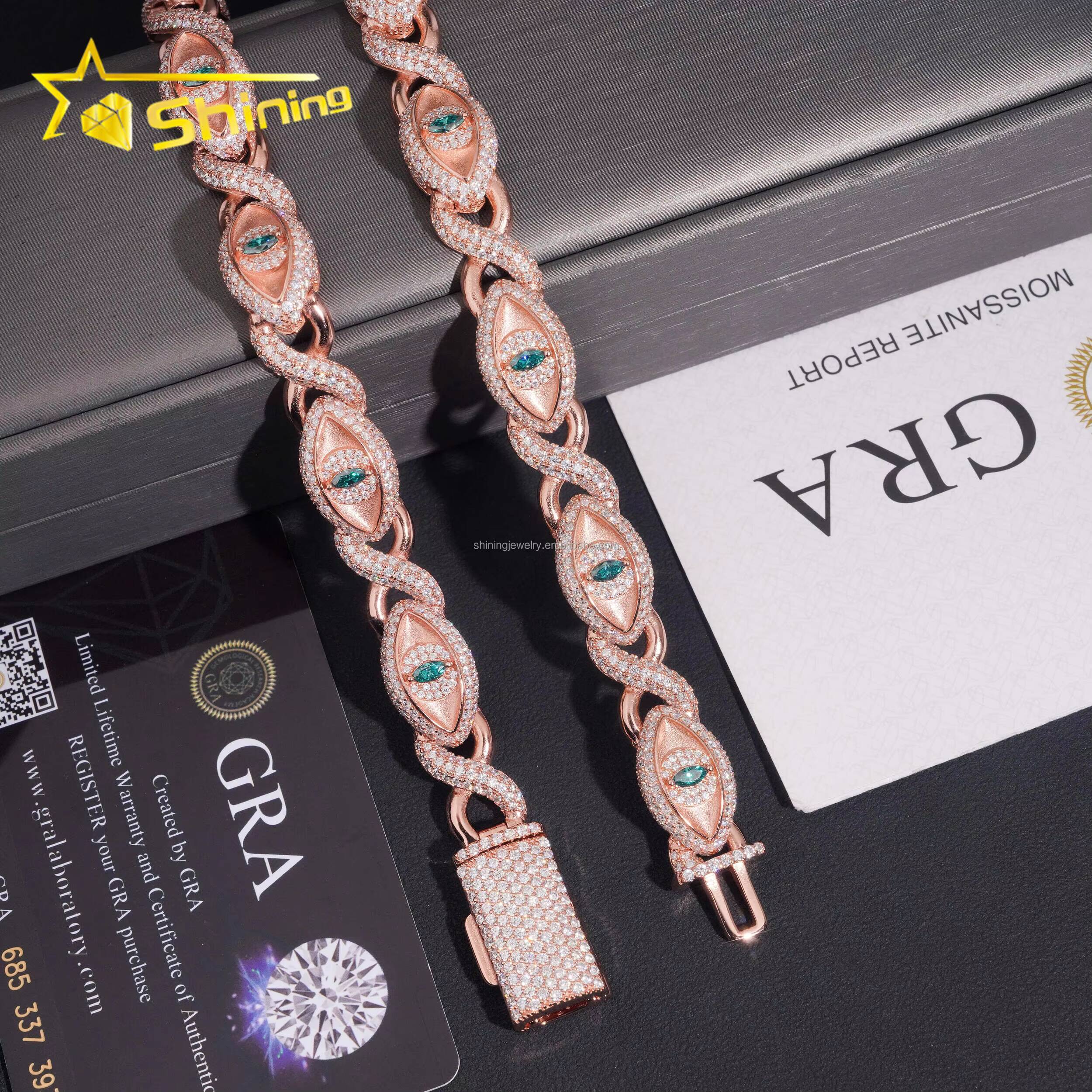 New Design 12mm Jewelry Hip Hop Green White Marquise Moissanite Diamond Iced Out S925 Silver Infinity Evil Eyes Cuban Bracelet