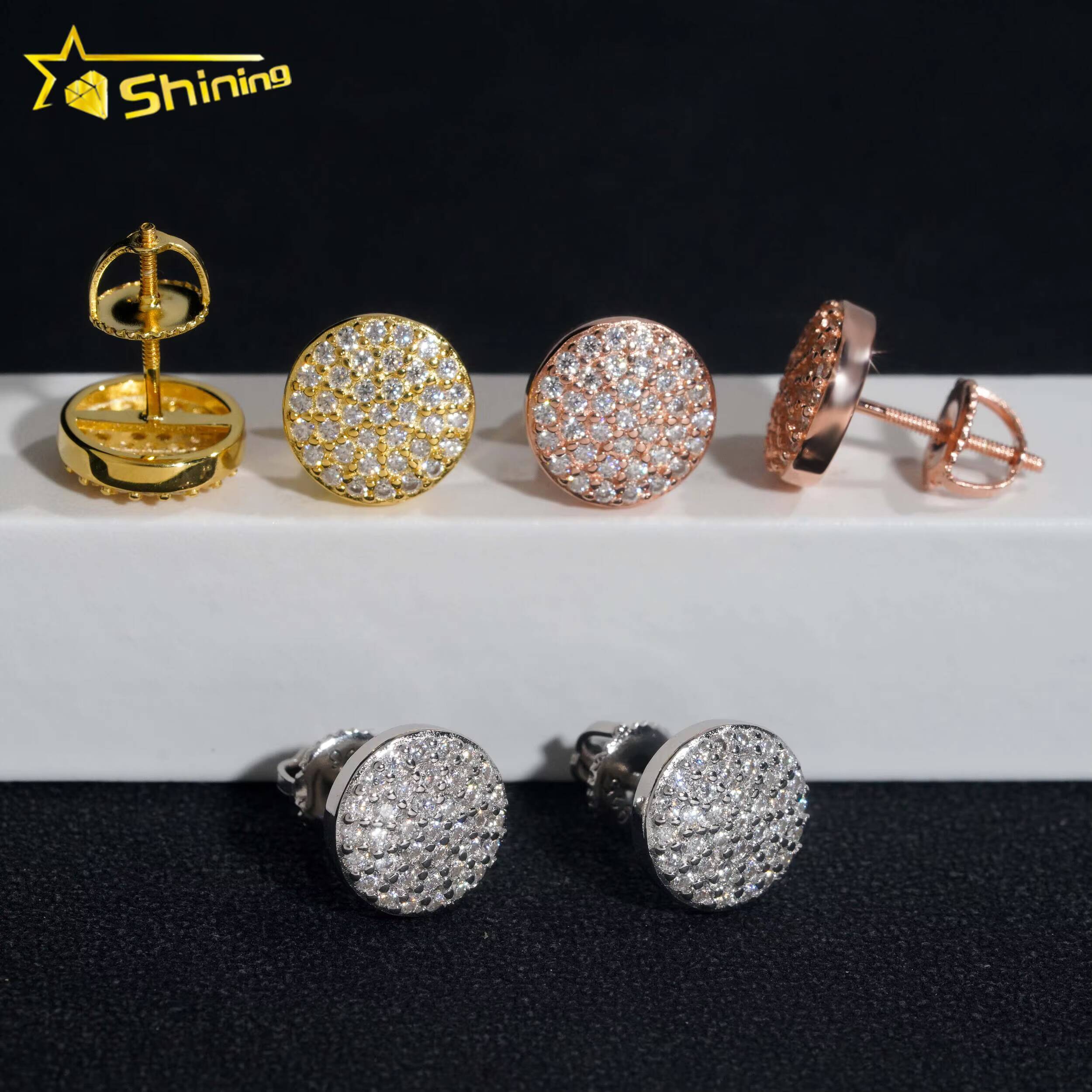 Pass Diamond Tester 925 Sterling Silver Gold Plated VVS Diamond Moissanite Bubble Round Shape Stud Earrings for Men