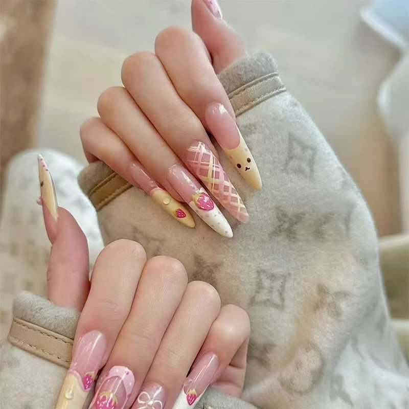 10pcs Almond Press On Nails With Pink Strawberry Bear Design Acrylic False Nails Cute French Full Cover Nail Tips Summer Girl NeT251118T251119