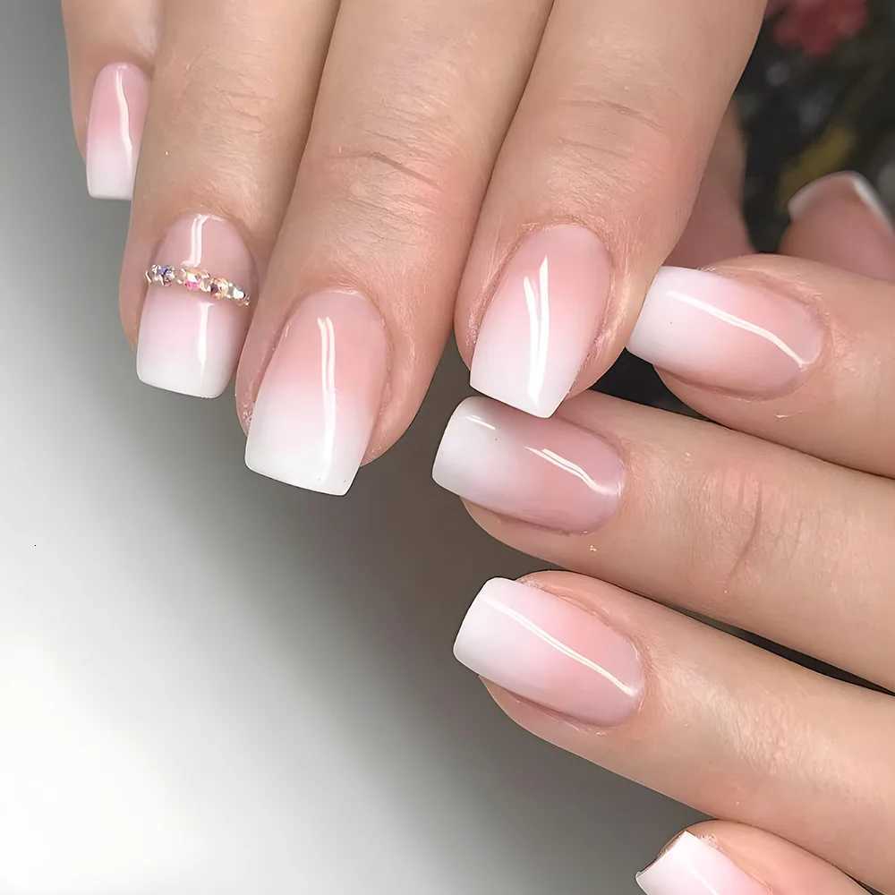24Pcs Simple Fake Nail with Broken Diamond Short Square Press on False Nails Gradient White Wearable Ballet Full Cover Nail TipT251118T251119