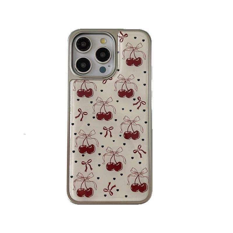 Bowknot Cherry Phone Case Compatible with iPhone 16 Pro Max Silver Edge Protective Case iPhone 15/14/13 Pro