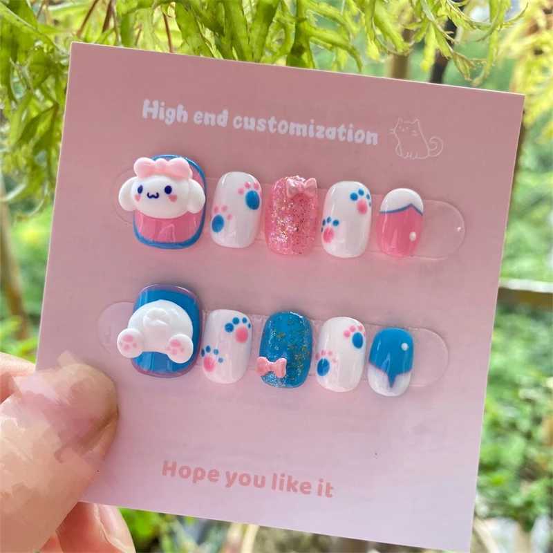 Kids/Adults Handmade Short Press On Nails Full cover Cute Dog Manicure Decoration Wearable Fake Nails Round Head Artificial NailT251118T251119