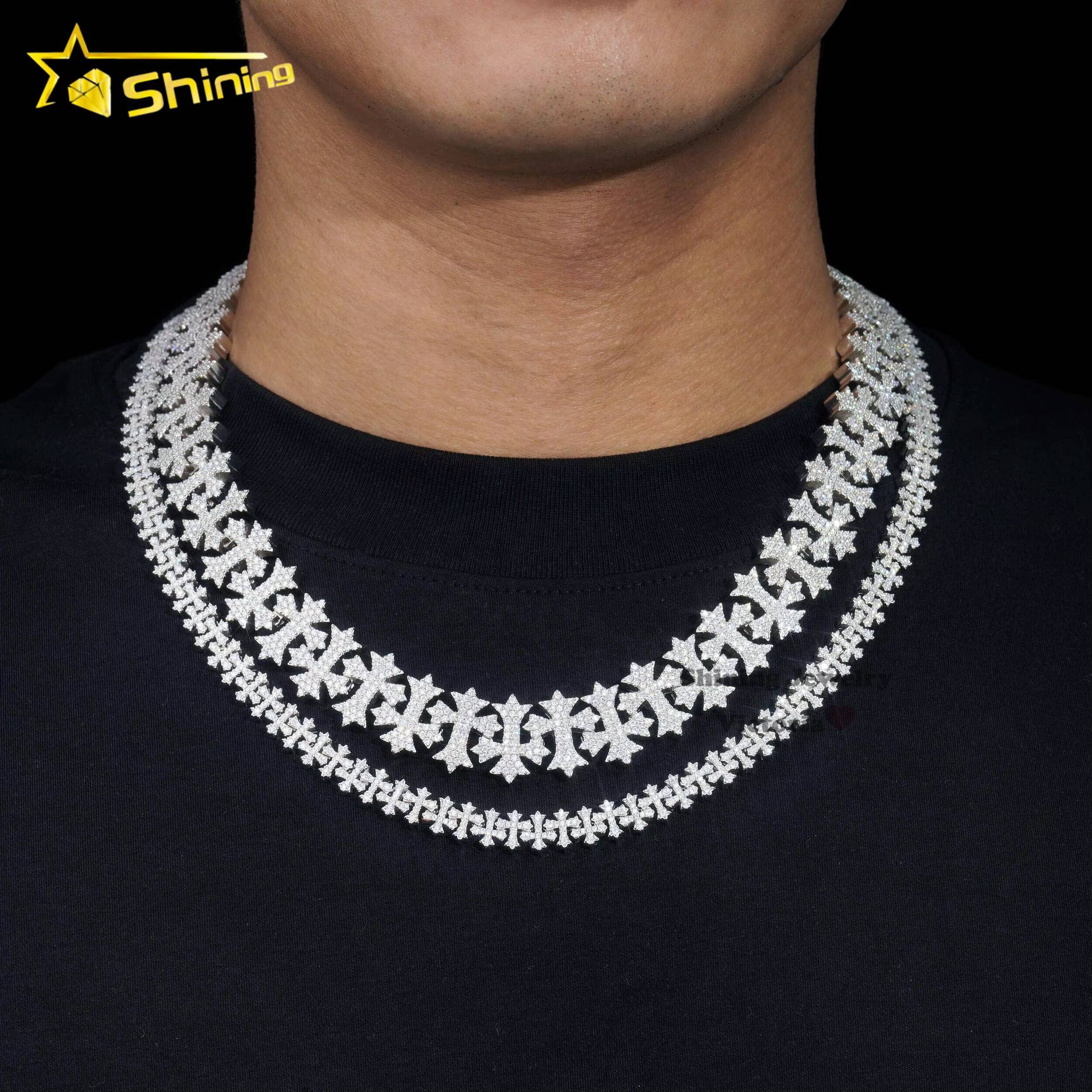 Shining Jewelry Hip Hop Rapper Style Necklace 925 Sterling Silver 8mm 18mm Iced Out Vvs Moissanite Cross Charm Cuban Link Chain