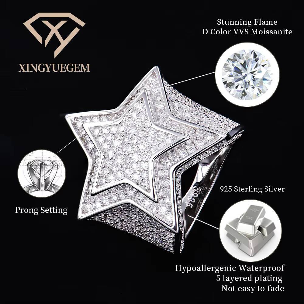 925 Sterling Silver Jewelry Hip Hop Style Pass Diamond Tester D VVS Iced Out Moissanite Double Layers Star Ring for Rapper Men