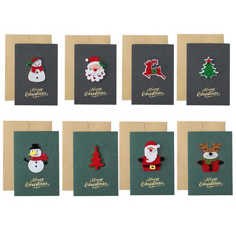 8PCS/Set Christmas Greeting Card Green Grey Pearlescent Paper Postcard Invitation with Envelope 3D Felt Decoration Card Gift ZYF G251119