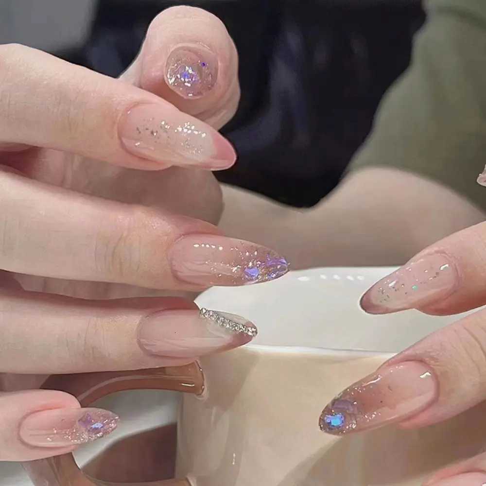 Full Cover Color Gradation Almond False Nail Aurora Rhinestones Fake Nails Golden Line Mid-length Detachable Press on NailsT251118T251119