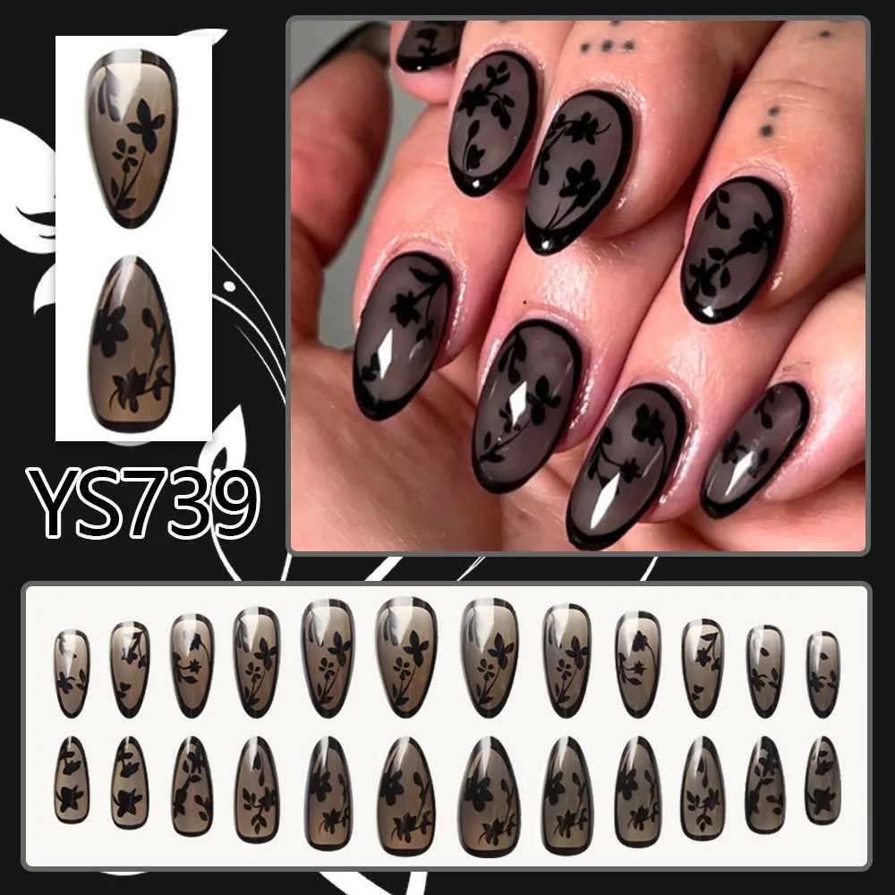 24PCS Short Almond Fake Nails Black Flower Design Autumn Winter Press on Nails Hot Girl Cool Style Removable Nail Art for WomenT251118T251119