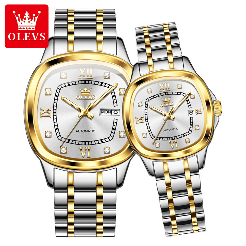 OLEVS Designer Automatic Mechanical Watch Wine Barrel Square Steel Band Calendar Women's Waterproof Luminous Luxury Men's Wristwatch Free Sh