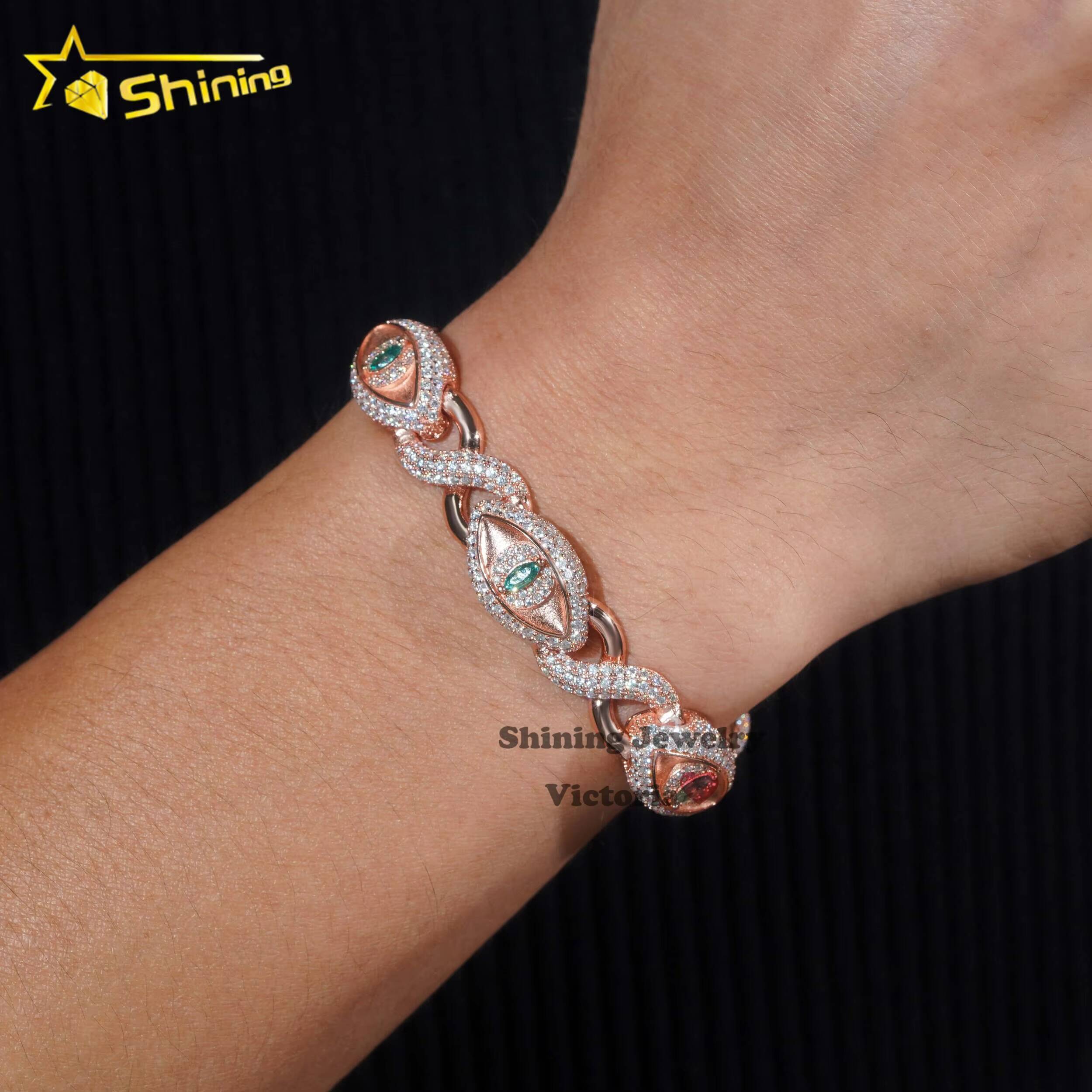 New Trendy Iced Out 12MM Evil Eye Infinity Link Cuban Bracelet for Men Moissanite Diamond Rose Gold Hip Hop Charms Bracelet