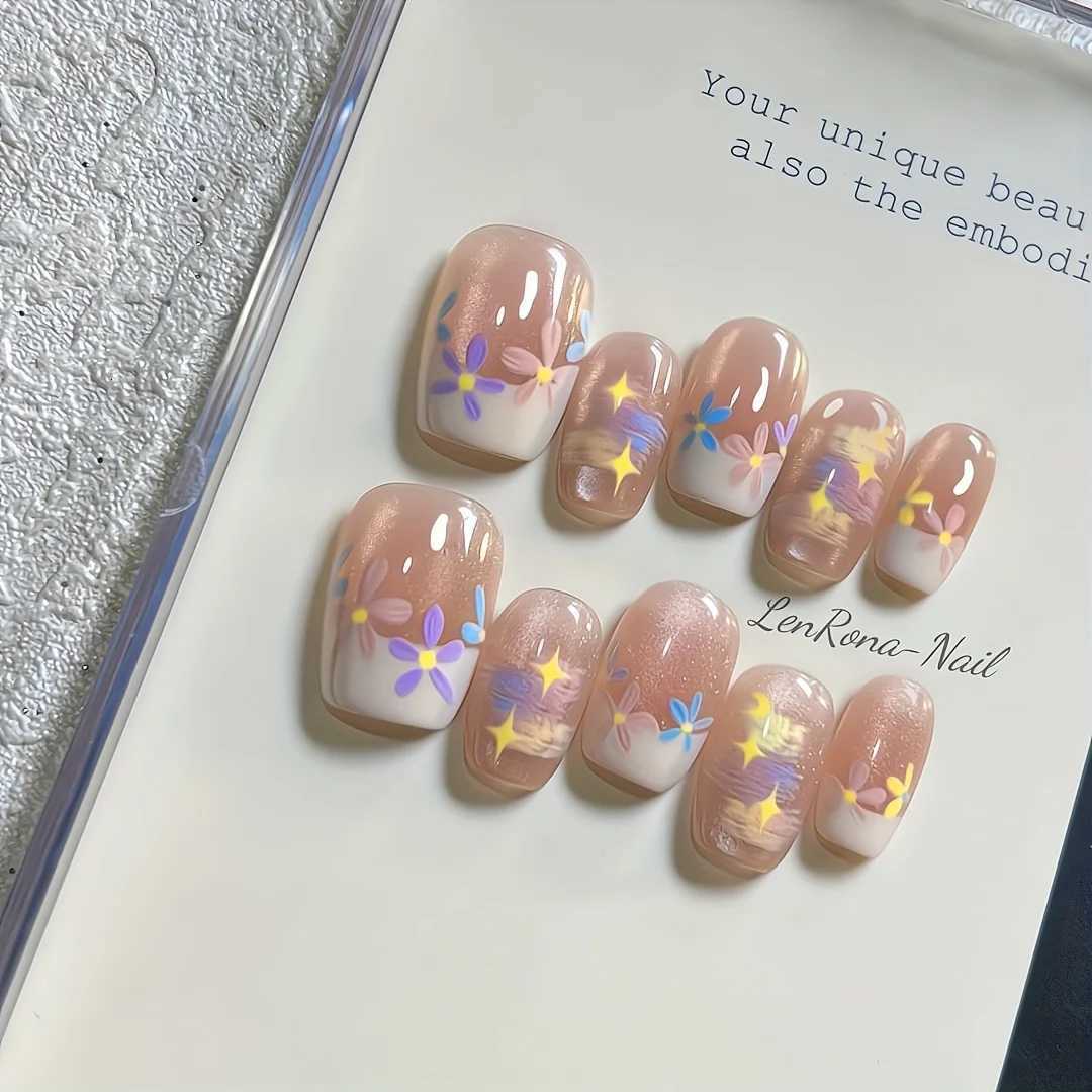 10pcs Handmade Press on Nails SpringSummer Oil Painting Dopamine Cream Small Flowers Fake Nail for WomenGirl Removable NailT251118T251119