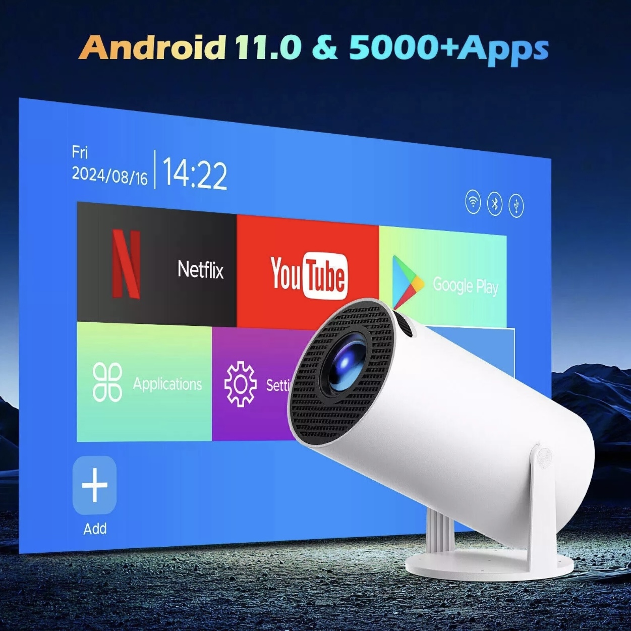 HY300 PRO 4K Android Projector with Dual WiFi6 - BT5.0 & 180 ANSI Lumens for Home Cinema & Outdoors
