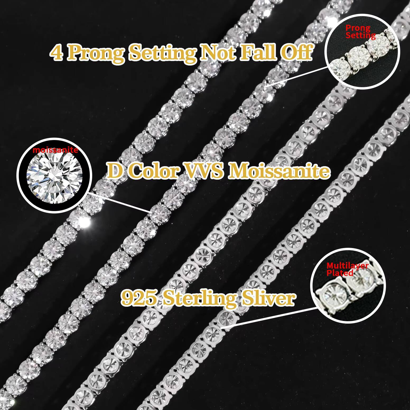 Hiphop Black Tennis Chain Necklace Bracelet 925 Silver VVS Iced Out Moissanite Tennis Chain