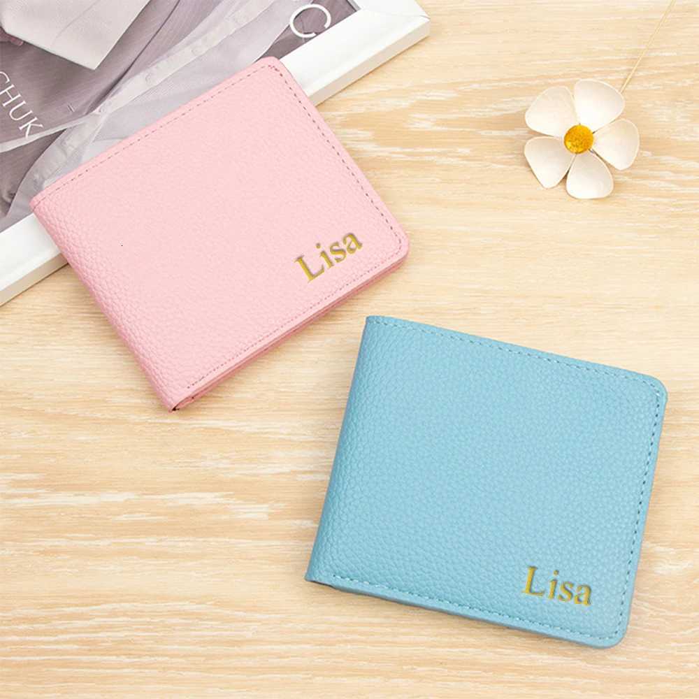 Customized name PU leather ultra-thin double-fold short cash wallet with ID window and card slot double-fold card holder walletT251119