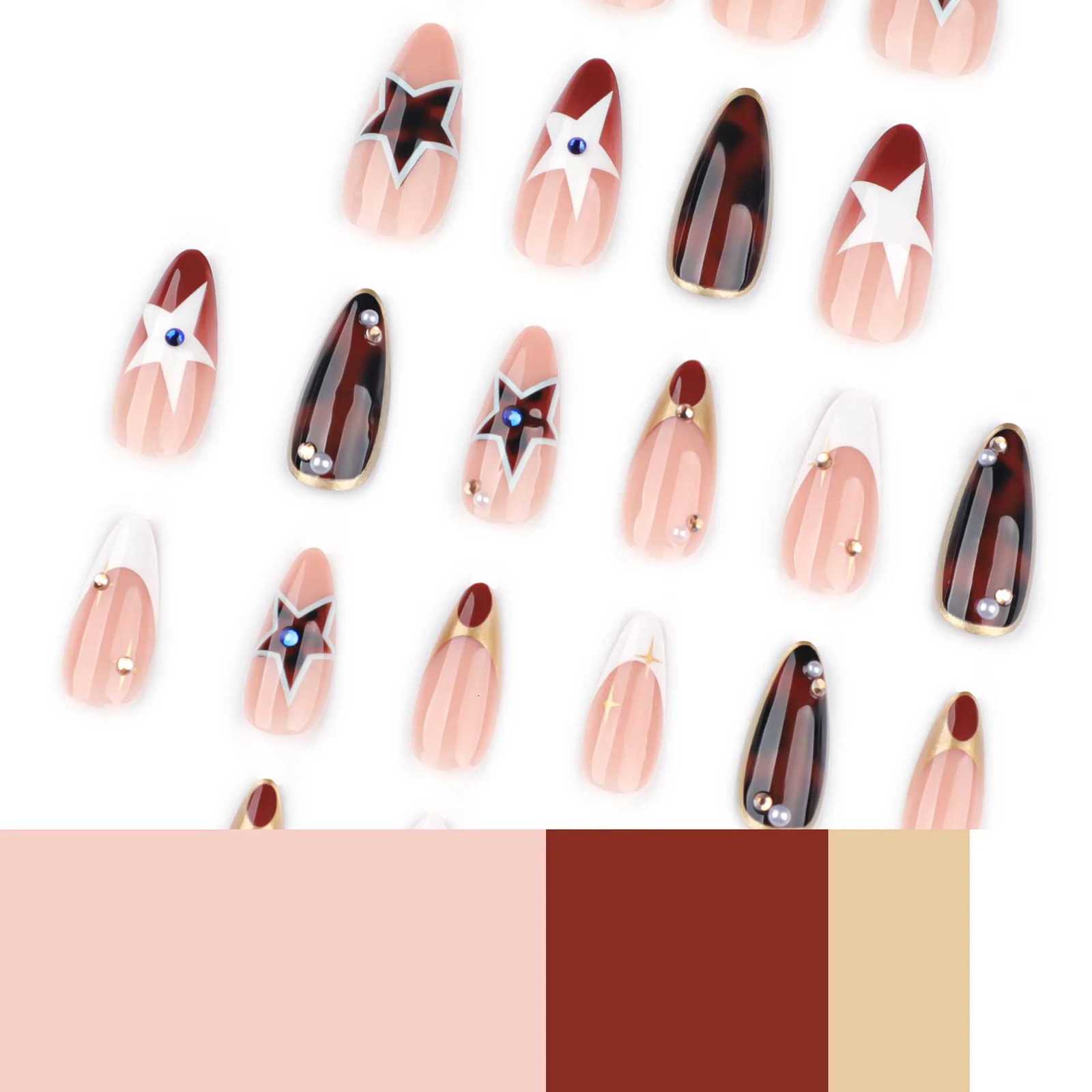 Autumn Brown French Press On Nails 24Pcs Y2K Girls Wearable Fake Nails Star Printed Spicy Girls Charm Manicure Diamond DecorT251118T251119