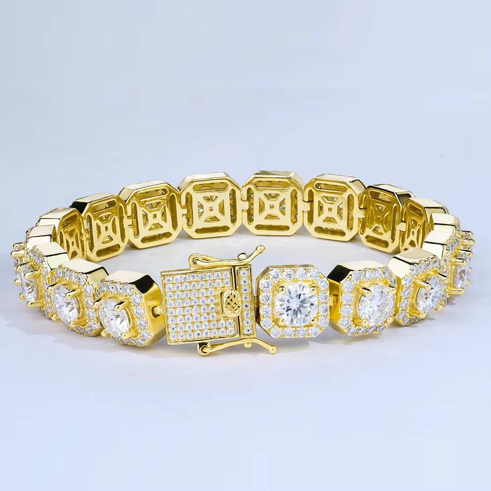 Hip Hop Fine Jewelry Big Diamond Moissanite Square Shape Clustered Cuban Tennis Chain Bracelet Bangle 925 Silver for Men