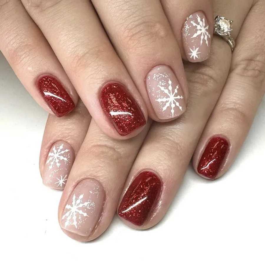 24pcs Shiny Powder Full Cover Nail Art French Red Short Square Fake Nails Christmas Snowflake False Nail Reusable Press on NailsT251118T251119