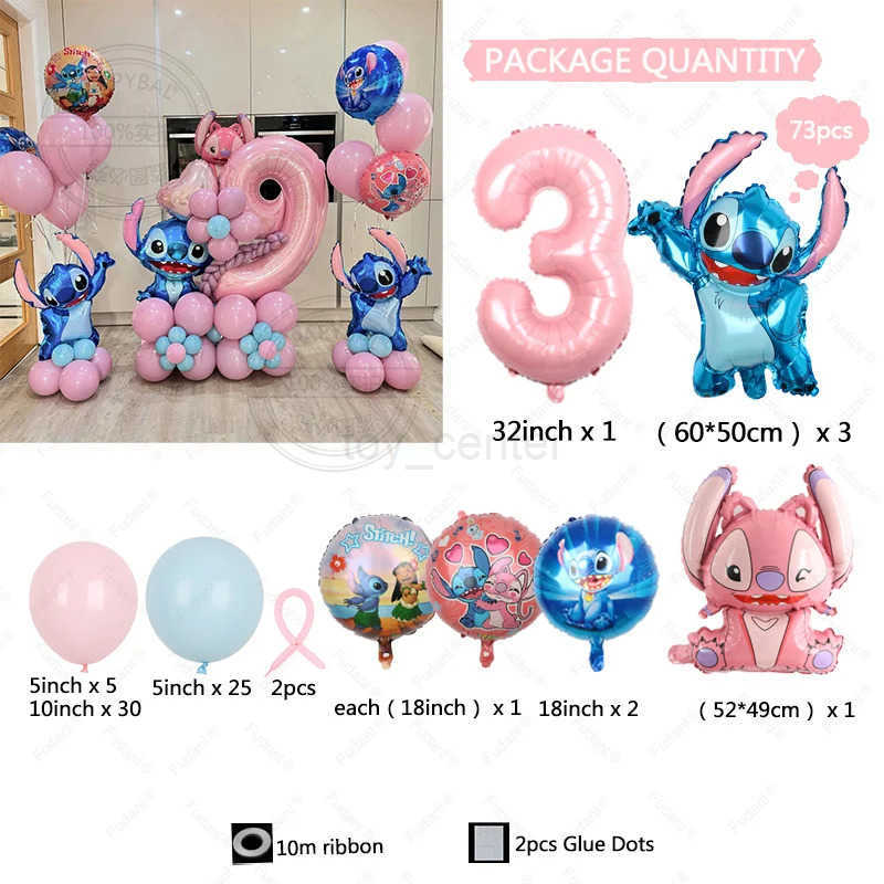 Disney 73pcs Disney Lilo Stitch Theme Wedding Balloon Garland Arch Kit Pink Number 1-9th Kids Birthday Party Decor Baby Shower Globos W20250419