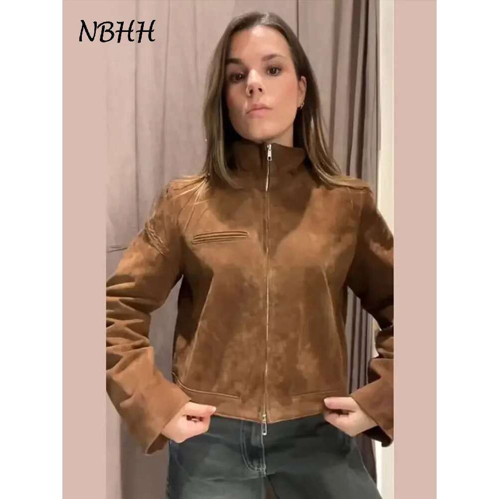 Designer Clothes 2025 Spring Short Suede Jackets Women Brown Stand Collar Zipper Long Sleeve Female Coats Fashion Street Y2k Lady Outwears