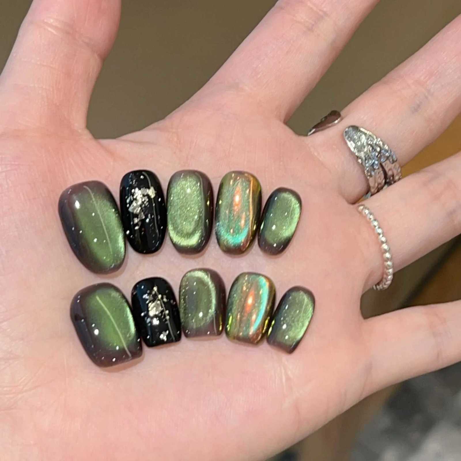 10pc Handmade Press on Nails Green Glass Bead Cats Eye Aurora Pink False Nail for WomenGirl Short Removable Wearable Fake NailT251118T251119
