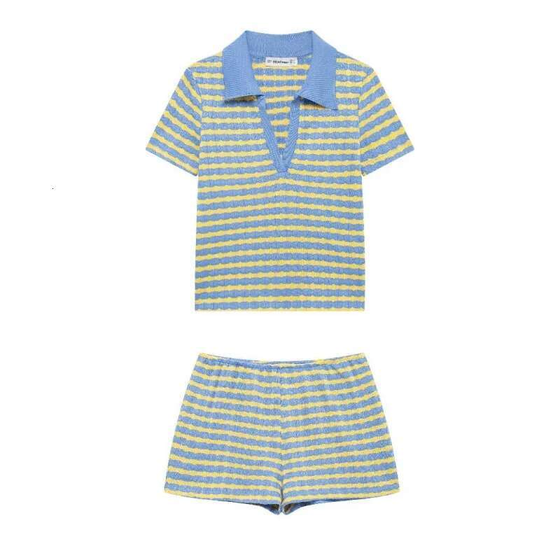 Summer Designer Women's Clothing Blue and Yellow Stripe Print HighQuality Durable Casual Fashion TwoPiece Set