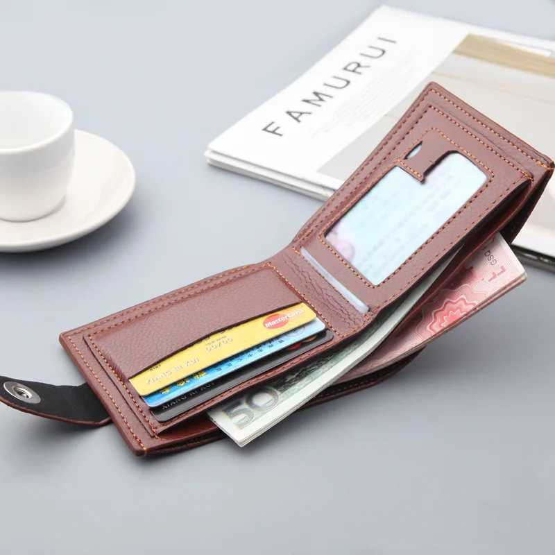 Mens Short Wallet with Hasp - PU Leather Card Holder Magnetic Closure Slim Purse Natural Leather LookT251119