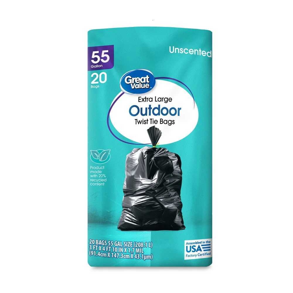 Extra Large 55 Gallon Outdoor Twist Tie Trash Bags Heavy Duty Unscented 20 Count Perfect Yard Clean Up and Household Use C251119