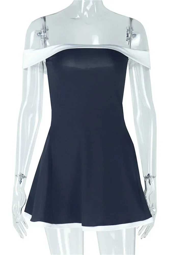 Leosoxs Black and White Patched Dress for Women 2025 Y2K Trend Slant Neck No Back Sweet Girl Fashion Ruffle Mini Tight jumpsuit M250419