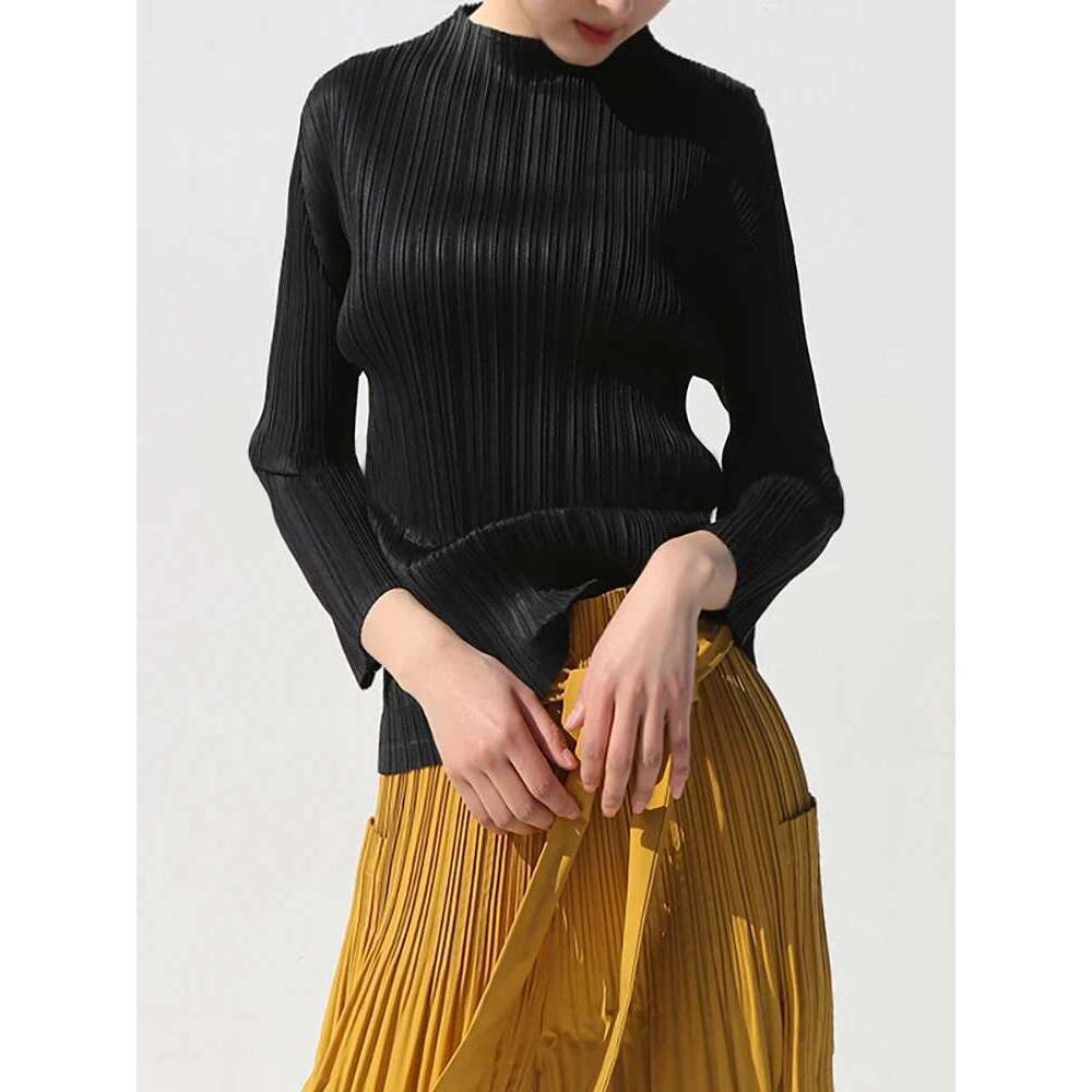 Designer Clothes Miyake Pleated Long Sleeve Tops High Neck Solid Color Loose T-Shirt Women's Casual Ladies Shirt