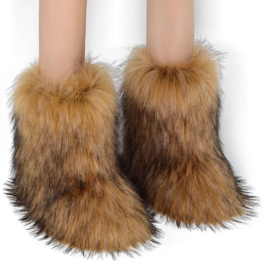 Snow Boots Flat High-Top Imitation Raccoon Fox Fur Winter Warm Mid-Calf Women's Shoes dh1103675481