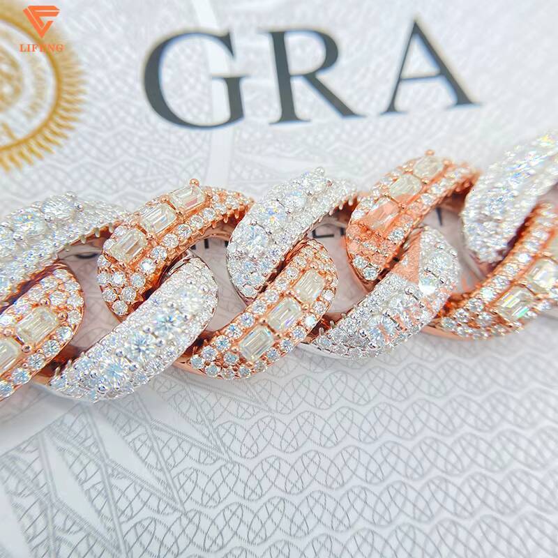 Baguette Cut Rose Gold Plated Two Tone Necklace Iced Out 18mm 925 Sterling Silver HipHop Jewelry Vvs Moissanite Cuban Link Chain