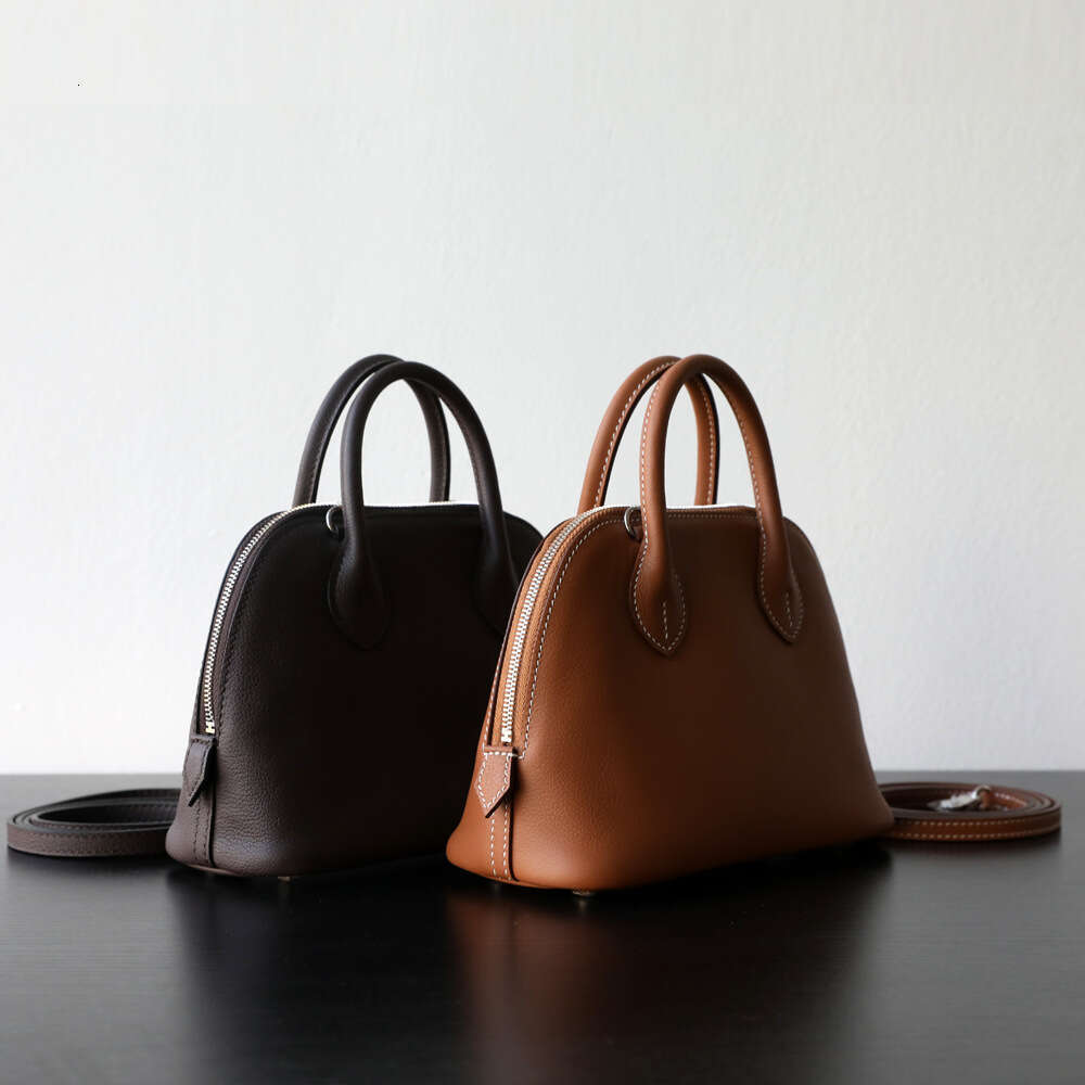 Head Layer Cowhide Mini Bolide Bowling Small Baolai Shell Bag, Semi Handmade Single Shoulder Crossbody Leather Women's Bag