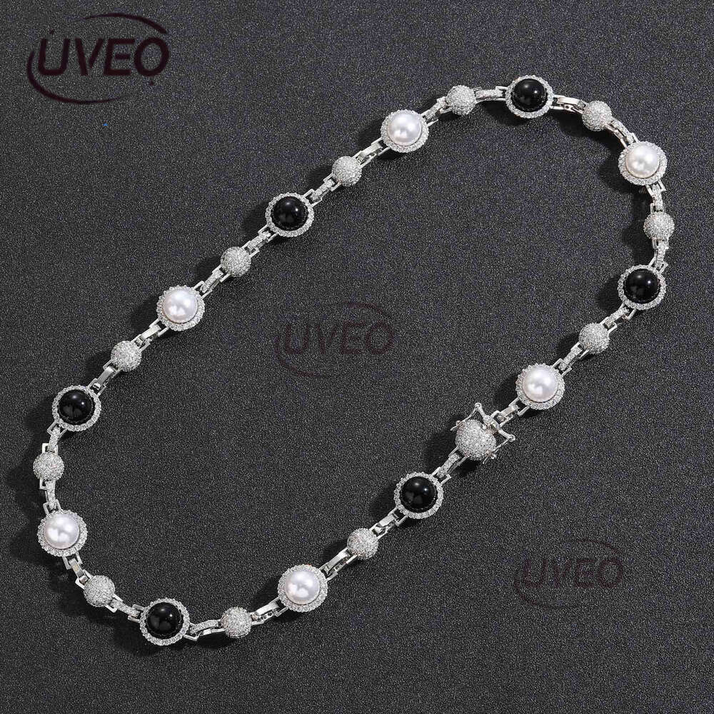 Luxury hip hop micro-inlaid sterling silver ice out VVS Moissanite black and white pearl necklace, men and women's cascading chain Free delivery
