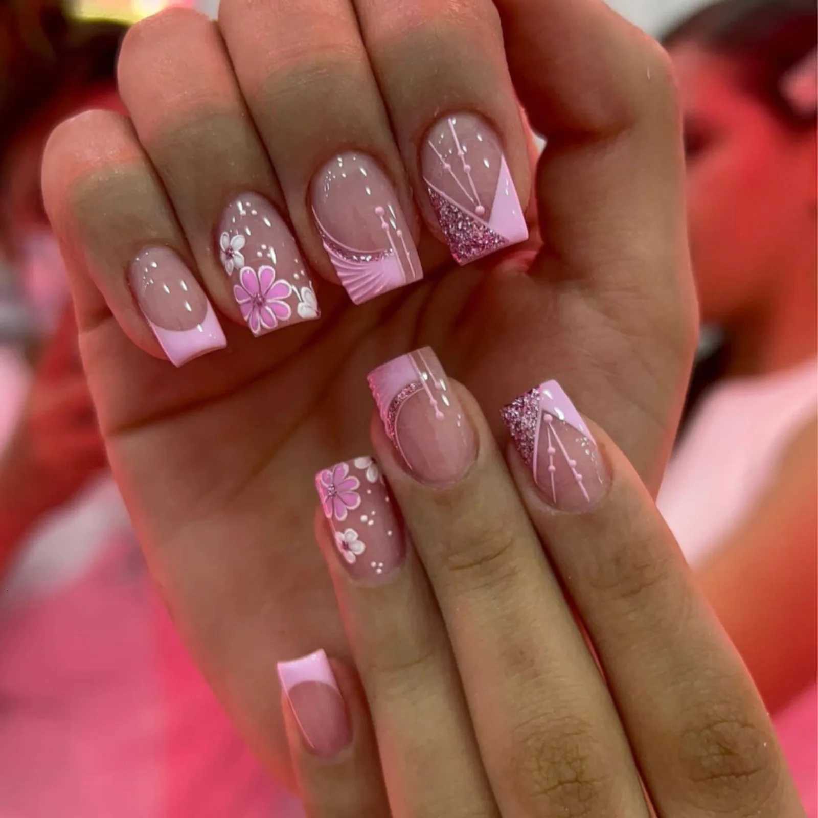 24Pcs Short Square Head Fake Nail with Colorful Flower Designs Wearable French False Nails Ballet Finished Jelly Stick on NailsT251118T251119