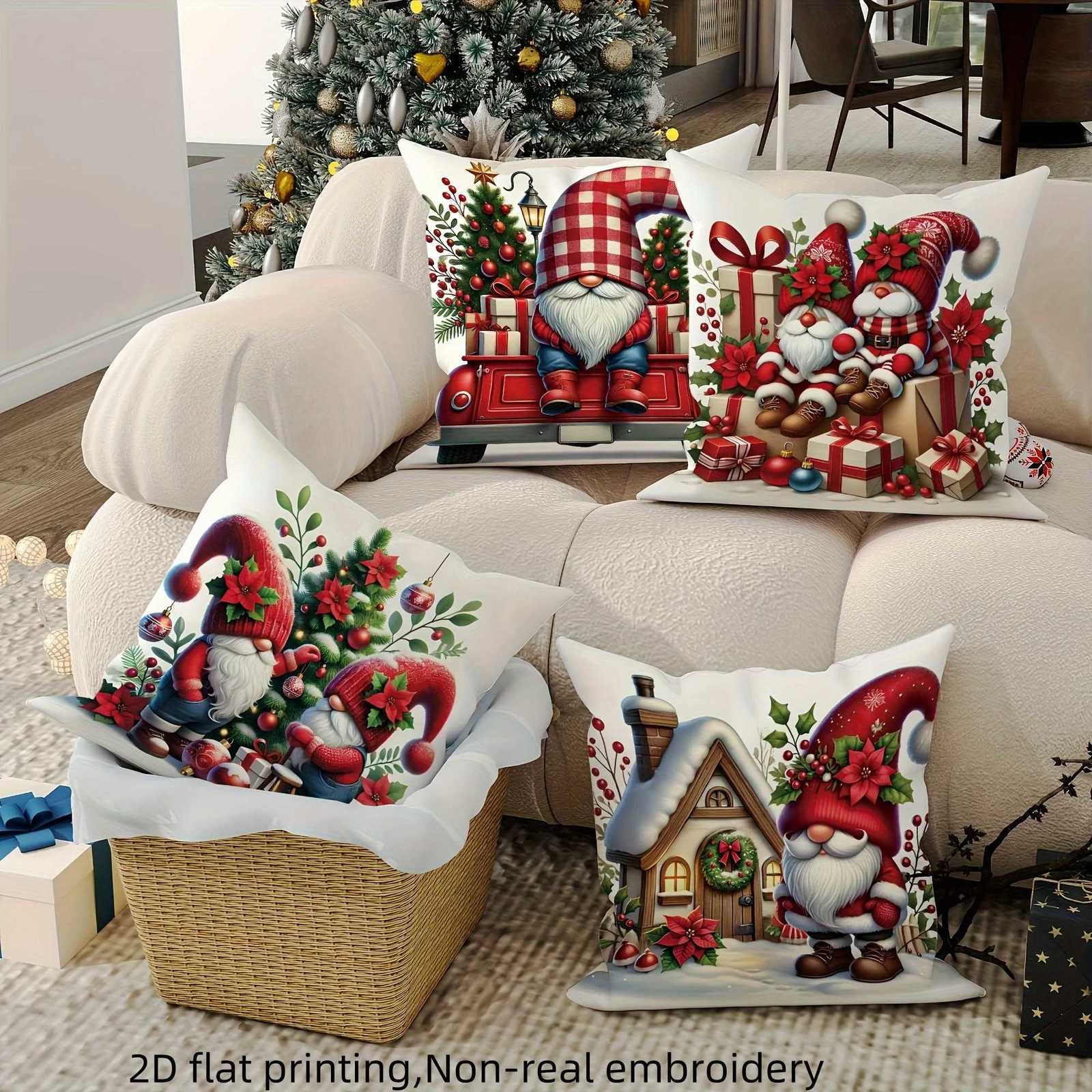 4pcs Christmas Covers Red Plaid Elf Truck Design Cozy Holiday Decor for Living Room Sofa HomeM251119