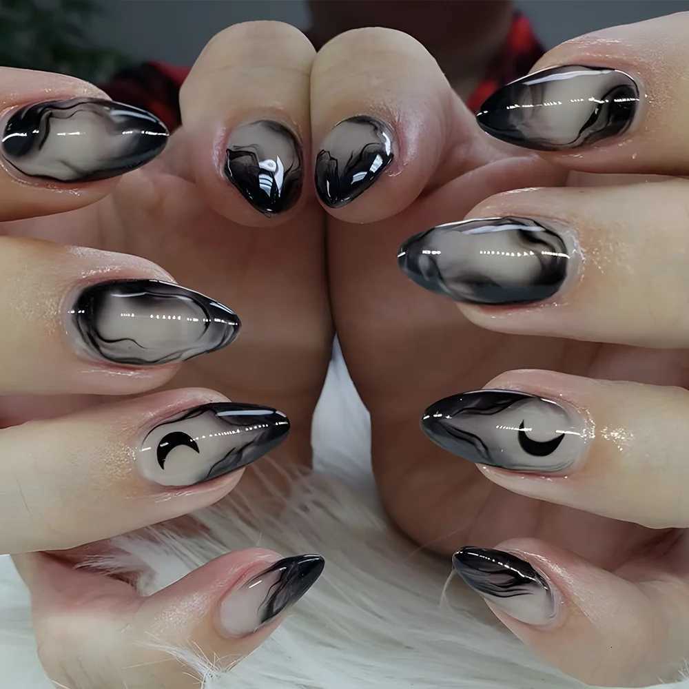 Spice Girls Pointed Artificial Nails Press On Long Almond Y2k False Nails Ink Chinese Style Fake Nails Black Gradient French TipT251118T251119