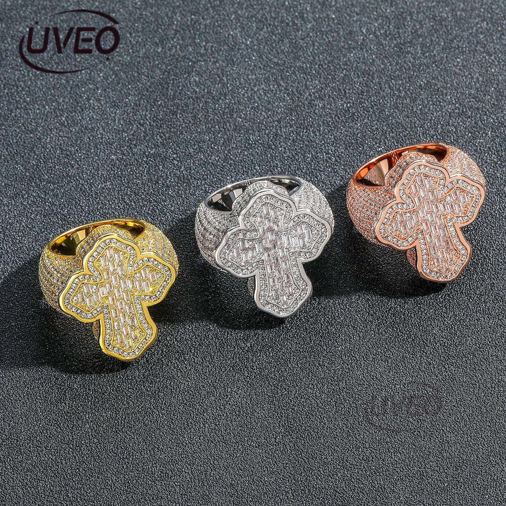 Hip hop personalized Cross micro-inlaid T-ice out VVS Moissanite Men's ring Free delivery