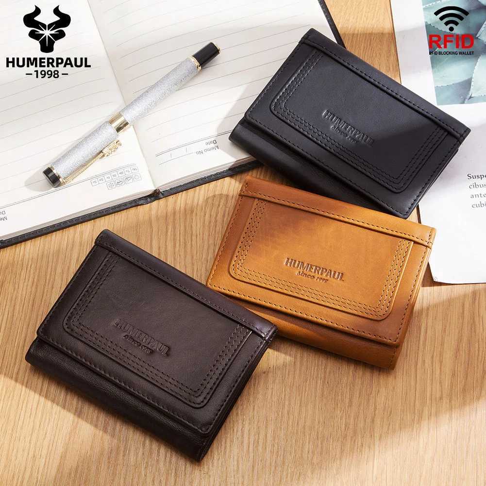 HUMERPAUL Genuine Leather Trifold Short Wallet for Mens High Quality Zipper Coin Pocket Slim RFID Card Holder Money BagsT251119