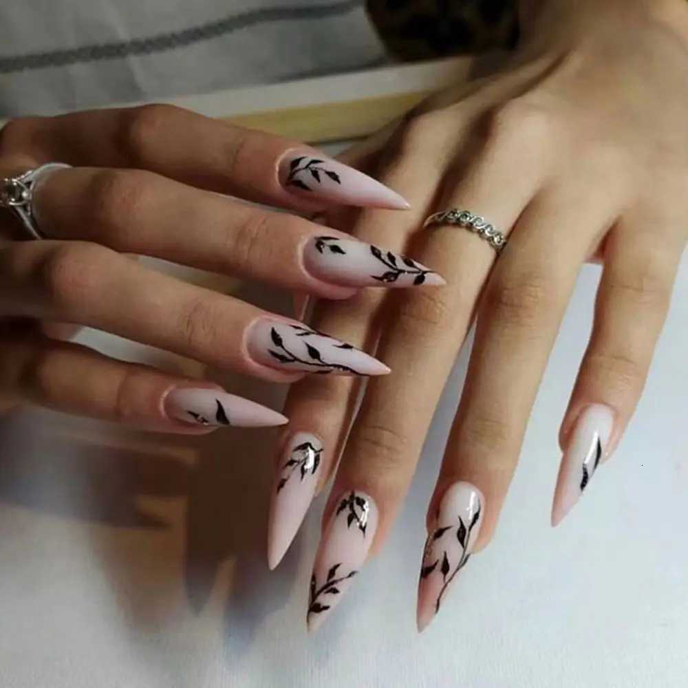 24Pcs Plum Blossom Stiletto False Nails Full Cover Manicure Tool Wearable Fake Nails Detachable Almond Nail Tips Press On NailsT251118T251119