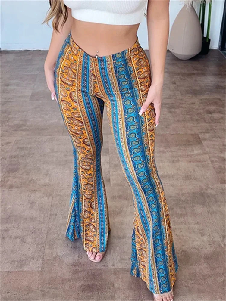 Women Flare Pants Bohemian Printed High Waist Bodycon Trousers Retro Palazzo Casual Long Pant Leggings Streetwear 251117
