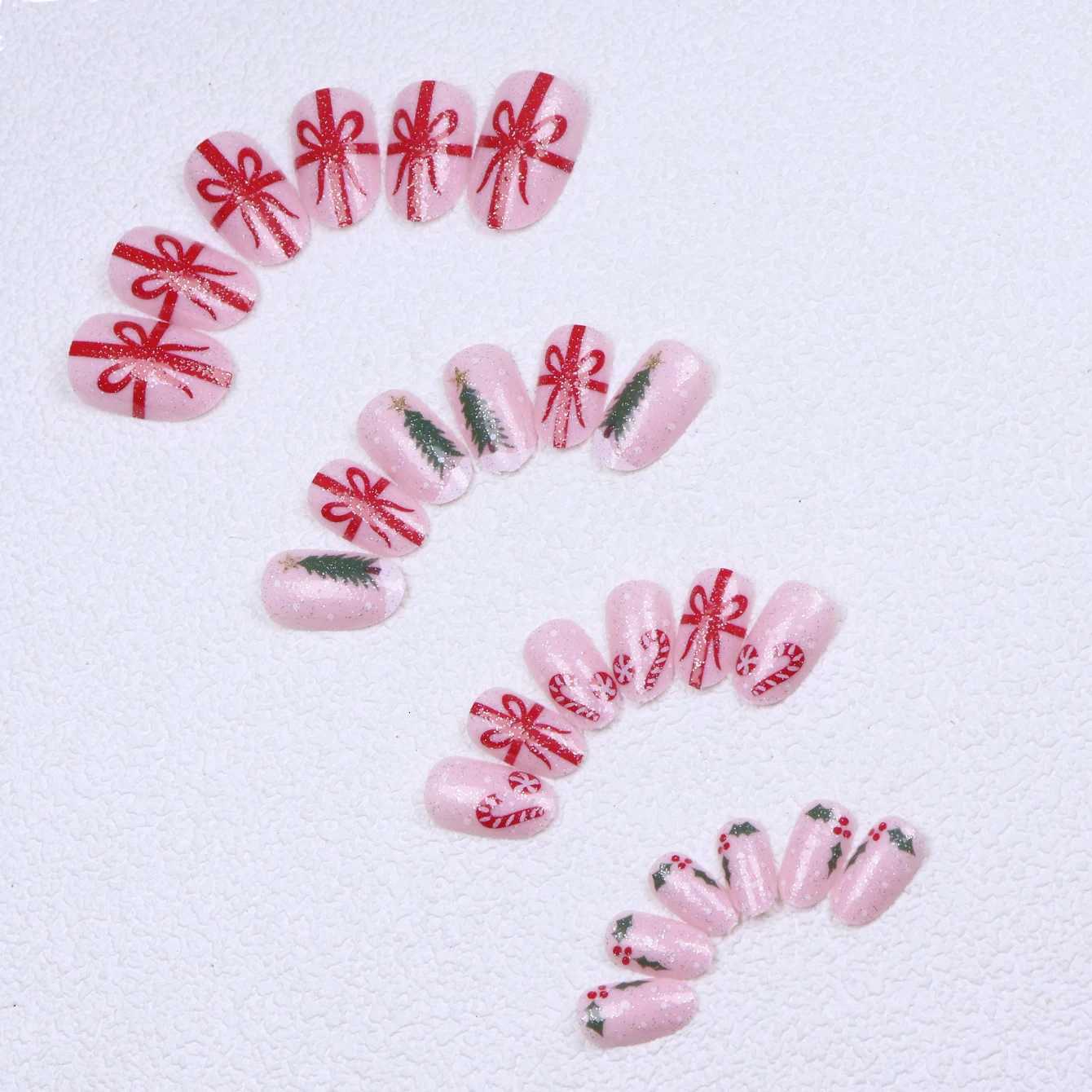 24PCS French-Style Pointed False Nails With Bows Christmas Tree Canes Candy Mistletoe Design Shiny Christmas nailsT251118T251119