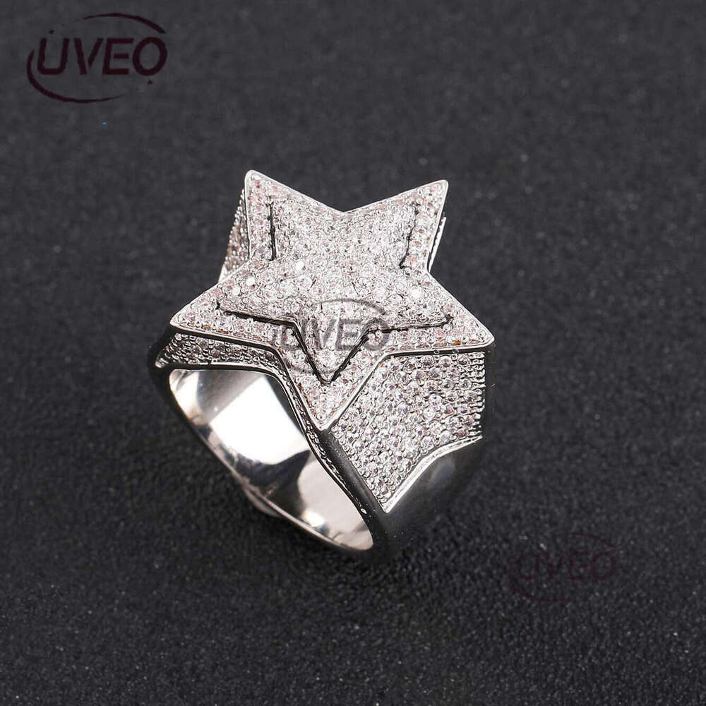 Luxury designer Hip Hop Ice out VVS Moissanite 3D five-point star double copper plated real gold Men women Hip hop rings