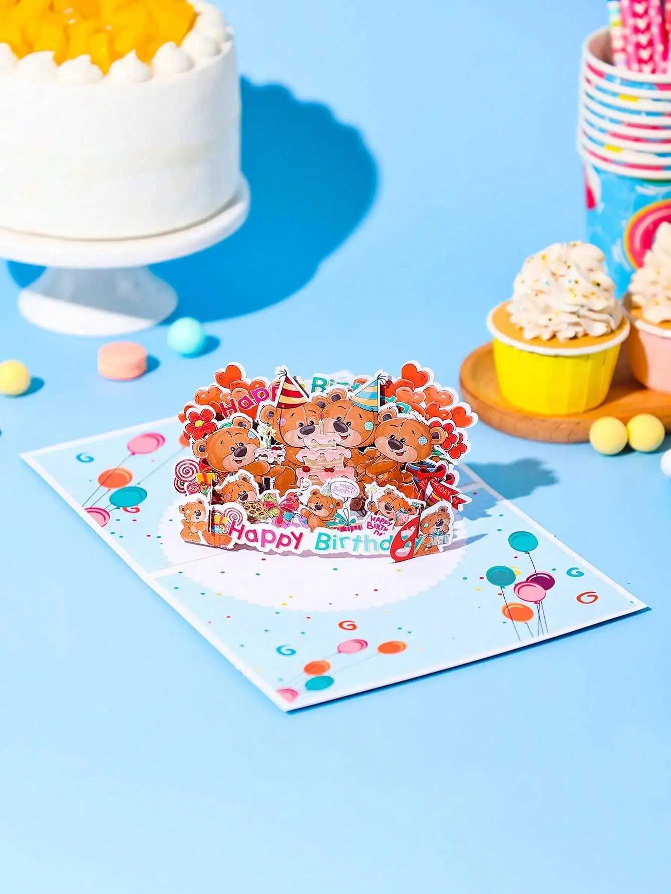 Kids Birthday Bear Pop-Up Card - 3D Greeting with Envelope Perfect Gift for Children Bear Pattern G251119