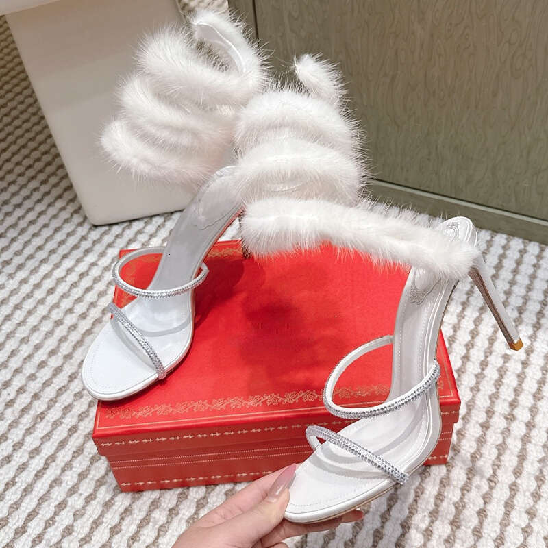 new luxury Designer Women's High Heel Sandals Embellished with Rhinestones Pink rabbit fur Stiletto Heel sandals Snake-like Ankle Wraparound Evening shoes 35-43 bag
