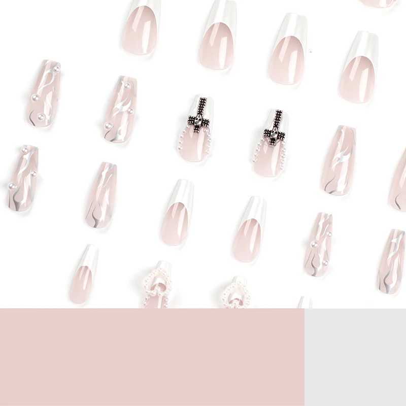 24Pcs Pearl heart Press on Nails Cross French Long Style Fake Nail for WomenGirl Removable Wearable Nail ArtT251118T251119