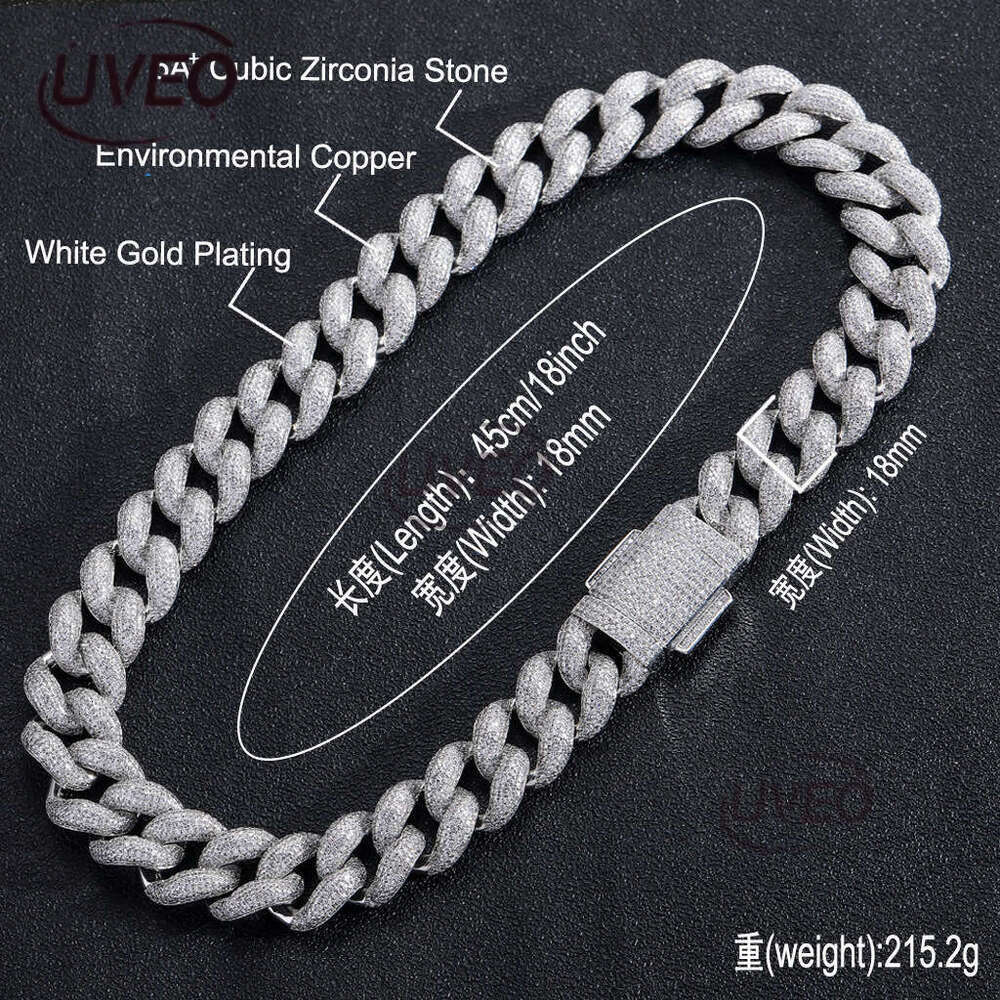 Luxury designer Necklace 18mm Foam Cuban chain spring buckle Ice Out VVS Moissanite Men's Hip Hop Necklace bracelet with free shipping