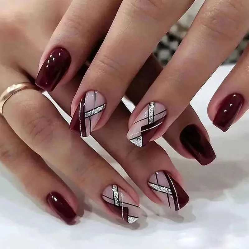 24pcs Short Fake Nail Retro Wine Red Press on Nail With Line Sequins Design Fashion False Nail Tip Manicure Wearable DetachableT251118T251119